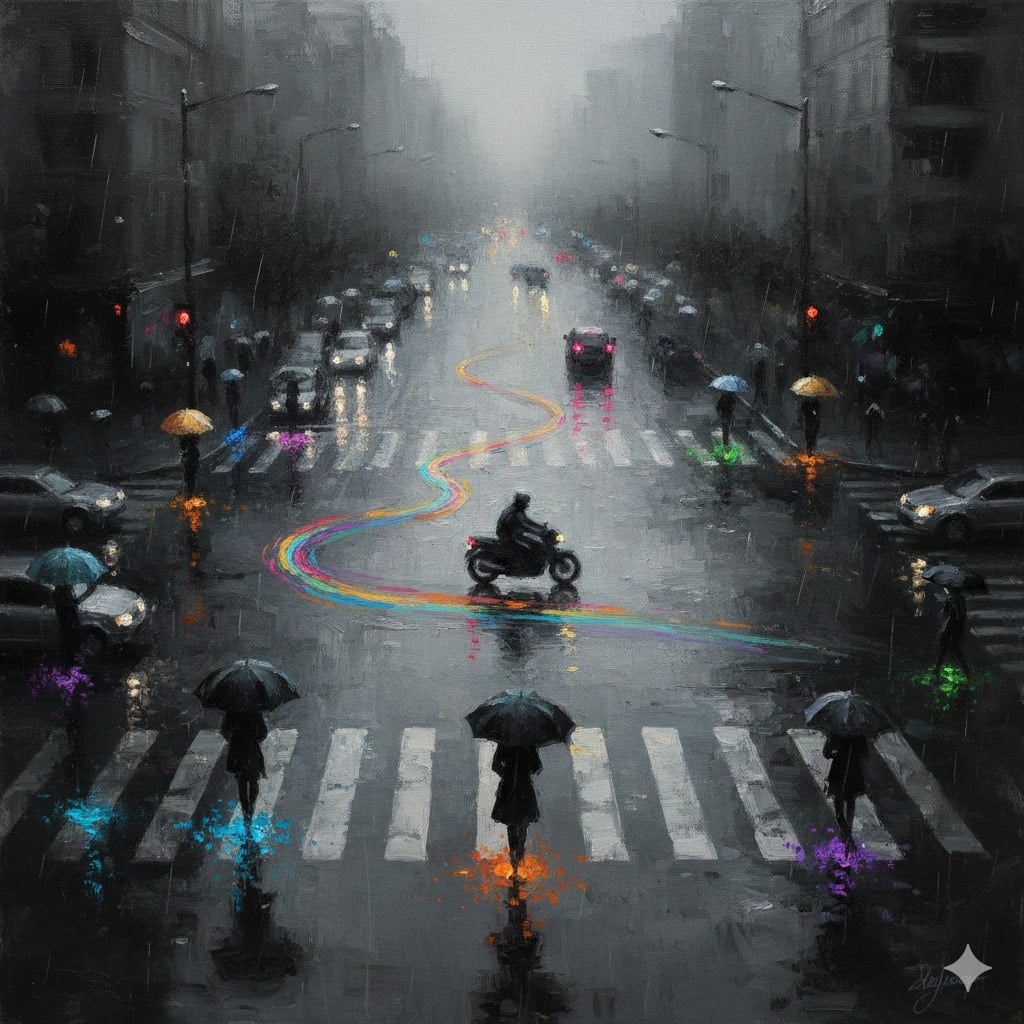 Rainy Intersection Light Trails