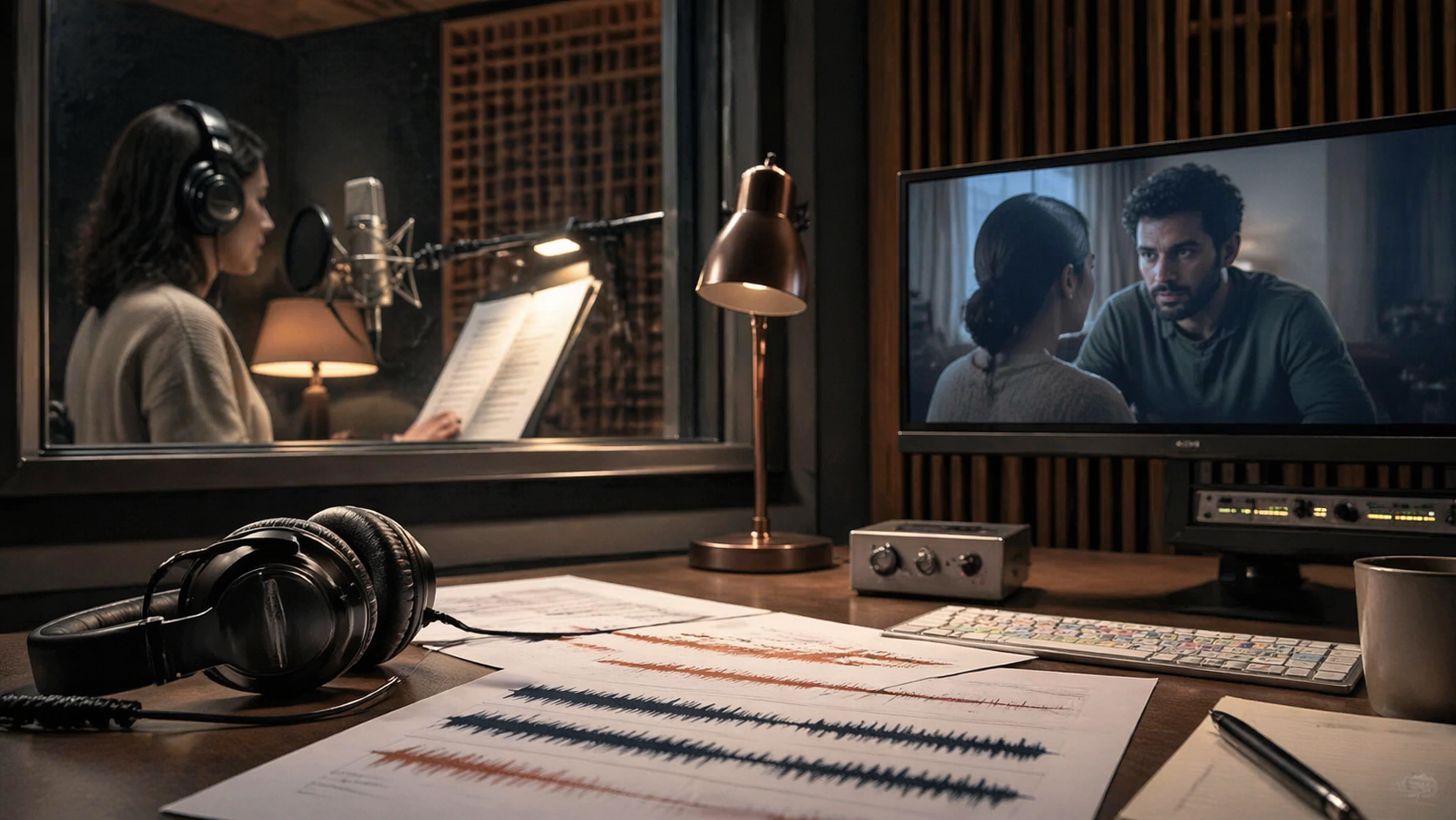 Cover workflow dubbing Rivya dengan catatan skrip multibahasa, cabang speaker, pemeriksaan pelafalan, dan draf audio tersimpan.