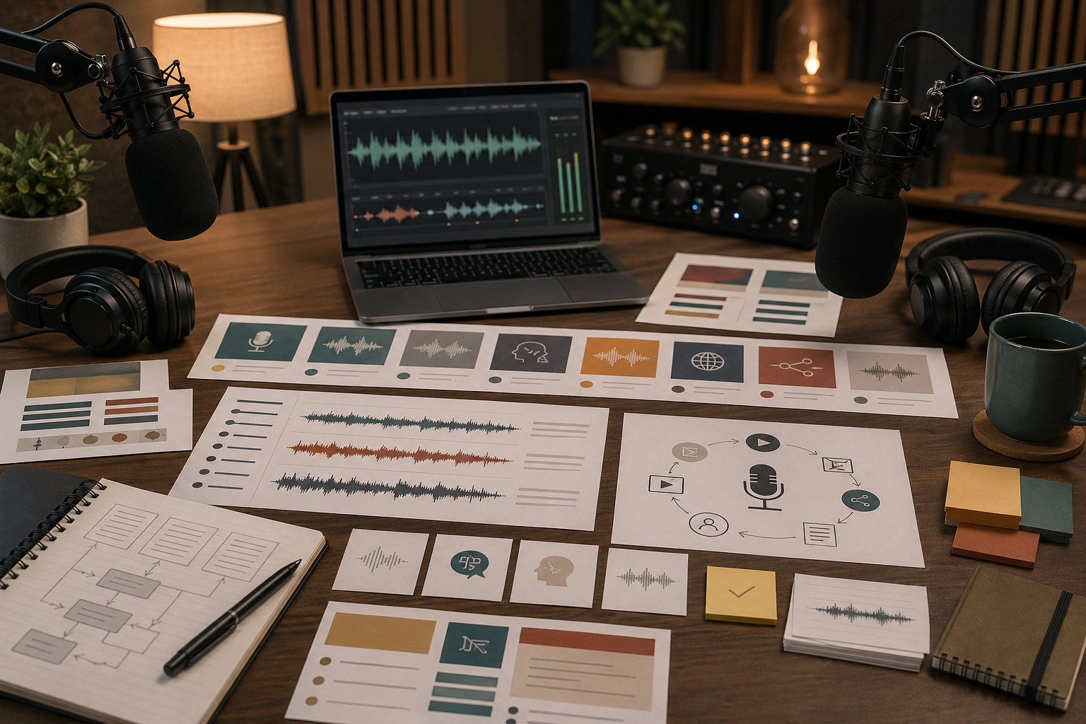 Sampul alur kerja podcast dan suara Rivya dengan perencanaan skrip, narasi, suara multibahasa, pembersihan audio, tinjauan audio, dan catatan penggunaan ulang.