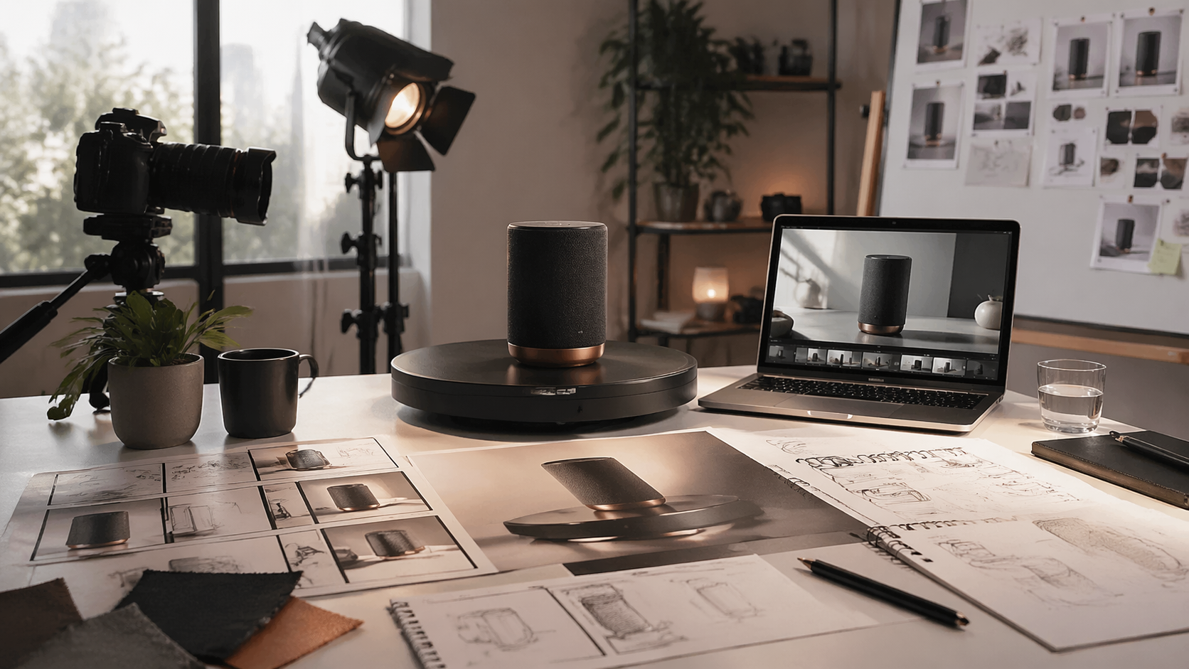 Sampul video demo produk Rivya dengan storyboard, frame gerak, momen fitur, dan tinjauan klip.