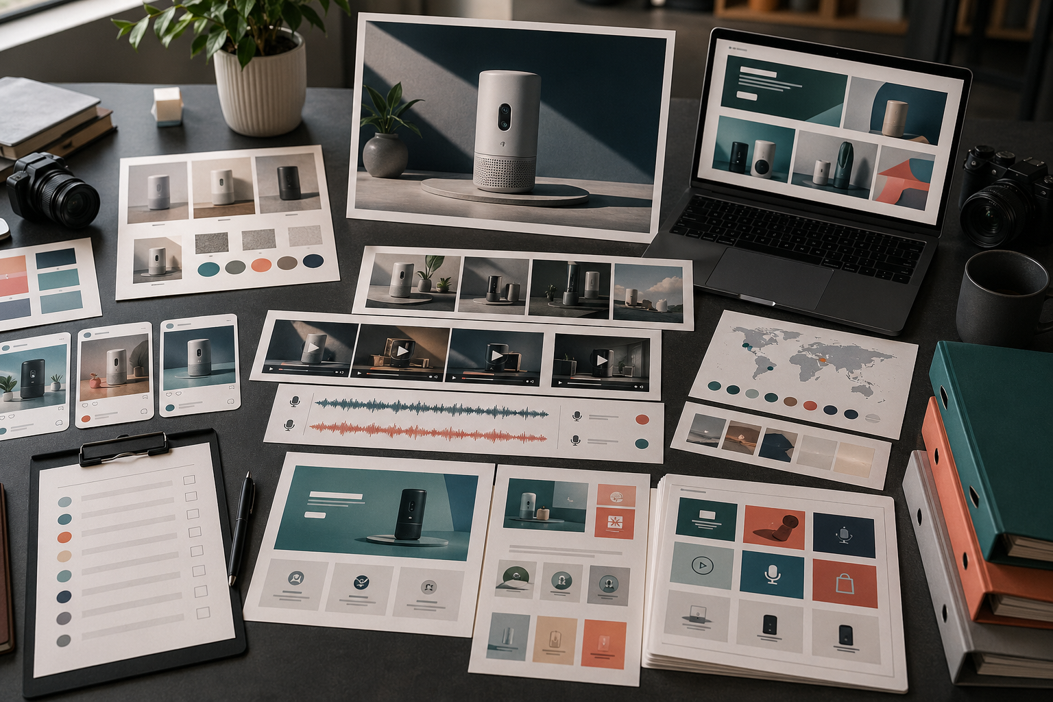 Sampul aset peluncuran produk Rivya dengan gambar hero, klip demo, visual landing page, varian sosial, voice-over, dan lokalisasi.