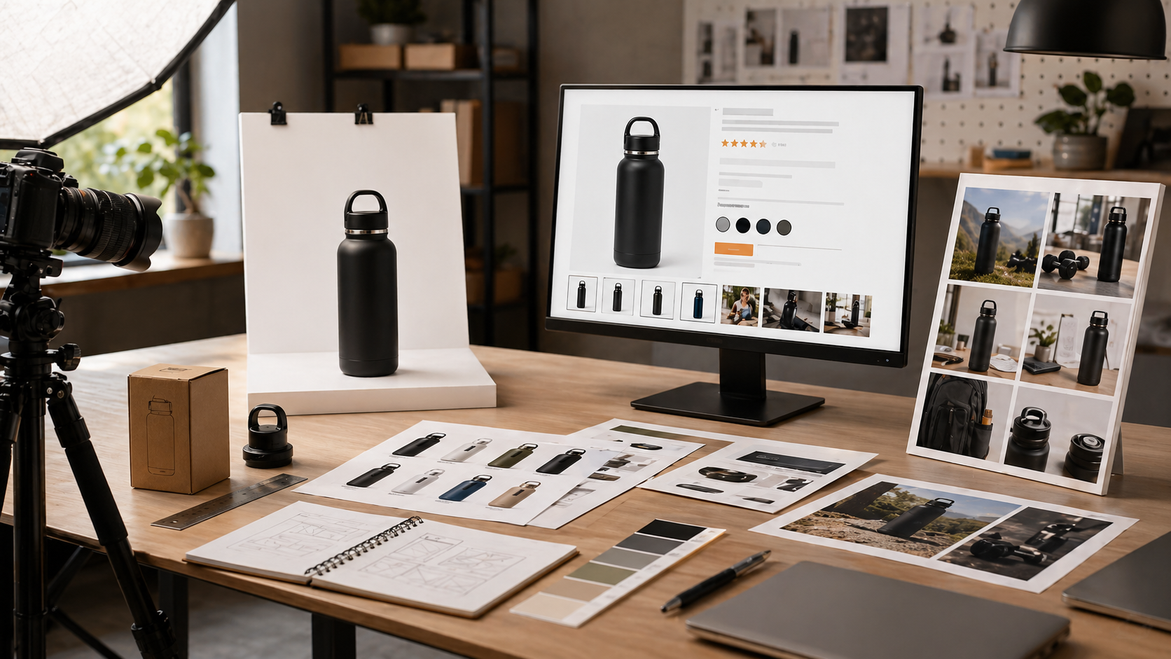 Sampul listing marketplace Rivya dengan gambar utama produk yang bersih, thumbnail varian, dan foto lifestyle sekunder.
