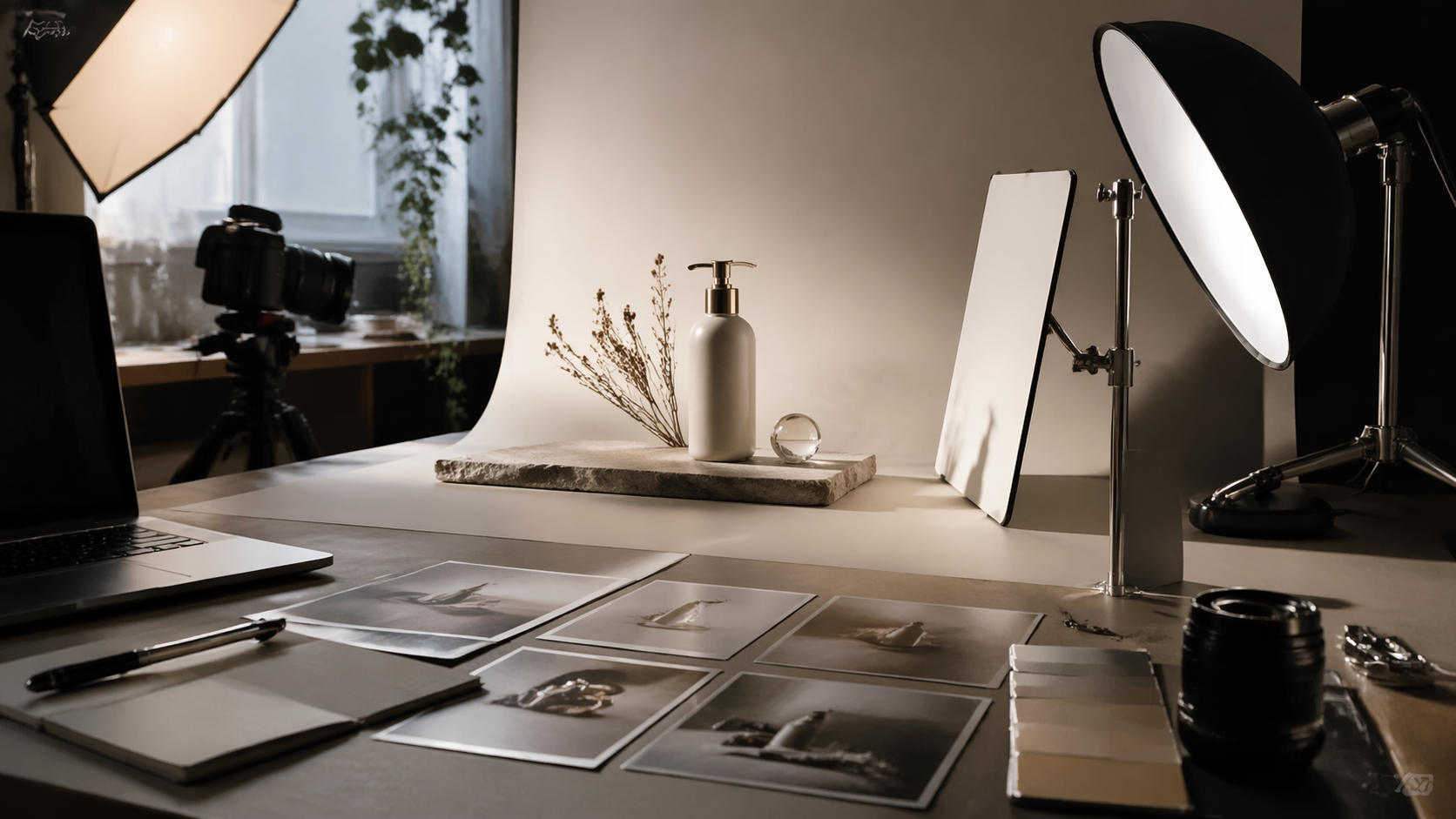 Sampul fotografi produk Rivya dengan gambar studio statis, pemotretan berbasis referensi, gambar hero, pengaturan cahaya, dan adegan editorial.