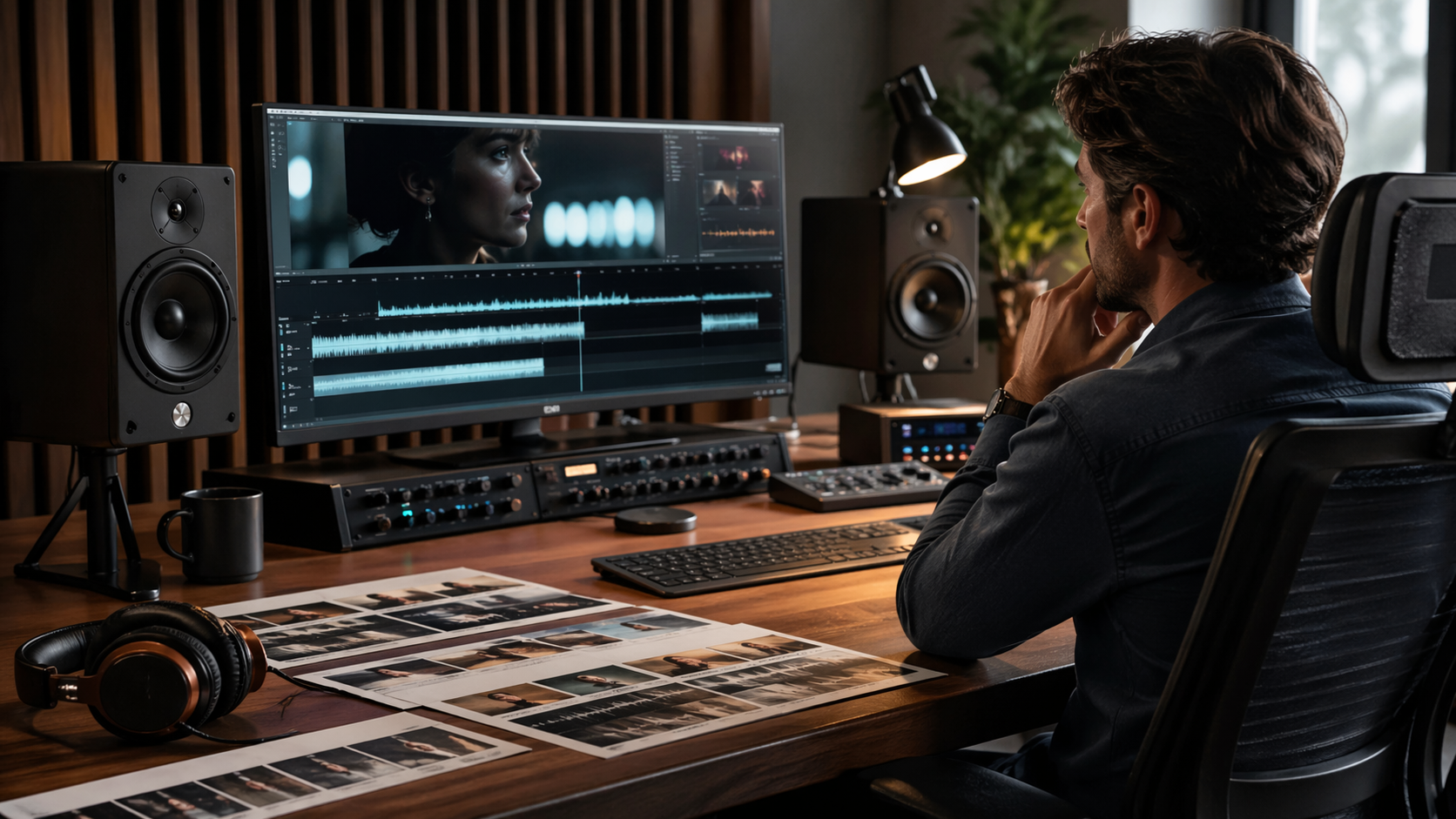 Sampul video audiovisual Rivya dengan frame gerak, tinjauan waveform, pengaturan waktu dialog, dan pemilihan jalur audio native.