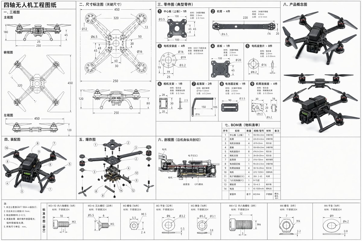 四軸無人機技術藍圖預覽，展示三視圖、爆炸零件、剖視結構、尺寸標註和 BOM 表。