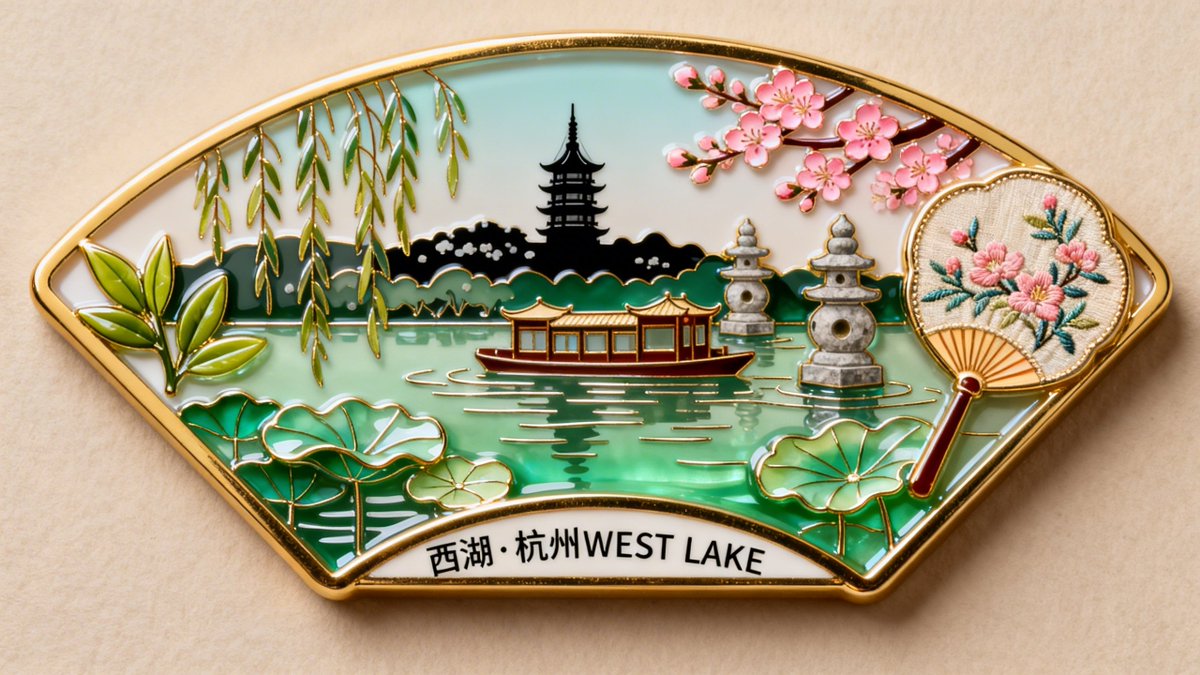 琺瑯紀念磁鐵設計預覽，展示帶有拋光金屬邊框的地標磁鐵與彩色琺瑯細節。