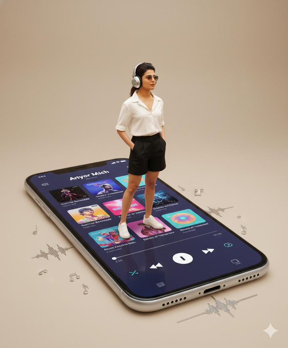 超現實 App 海報預覽，展示一位創作者站在極簡攝影棚中的巨型智慧型手機介面上。