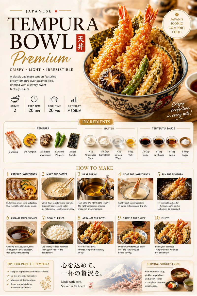 高級編輯風食譜海報預覽，展示主菜畫面、食材標註、簡短做法說明、份量資訊和乾淨編輯版式。
