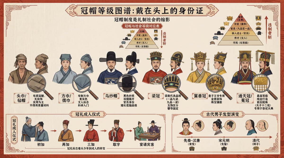 傳統帽飾資訊圖預覽，展示帽飾視圖、材質標註、歷史說明、對齊標籤區域與可重複使用的輸出結構。