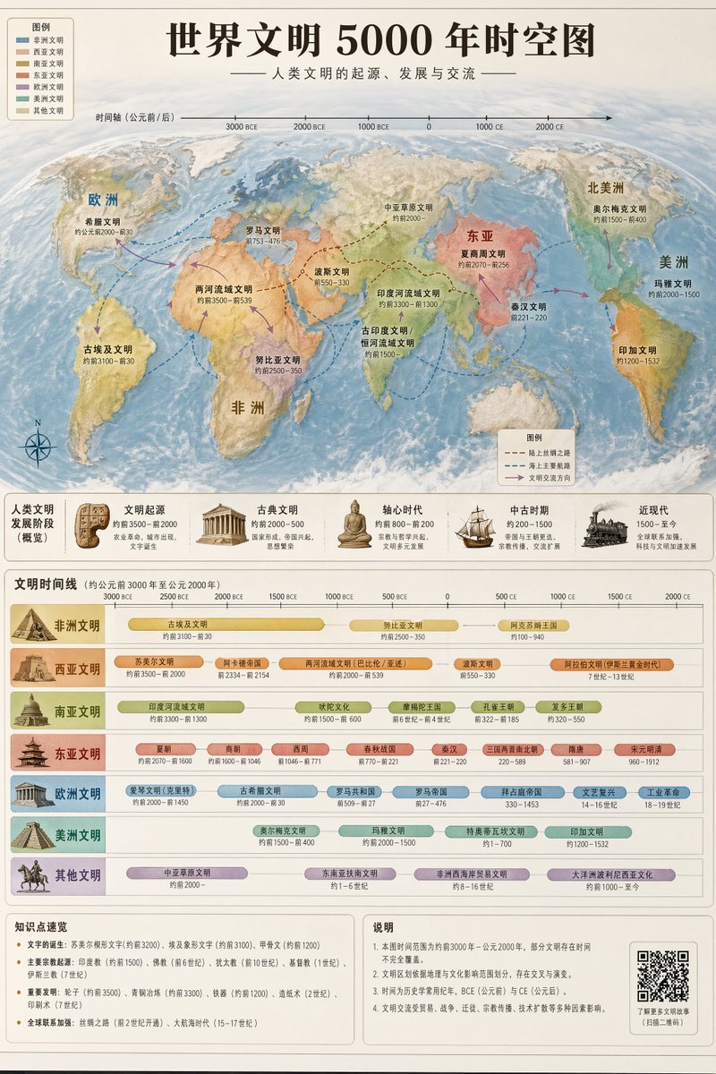世界文明時間線地圖預覽，呈現世界地圖底圖、橫向年代帶、文明標籤、交流路線、圖例與可編輯來源備註區。